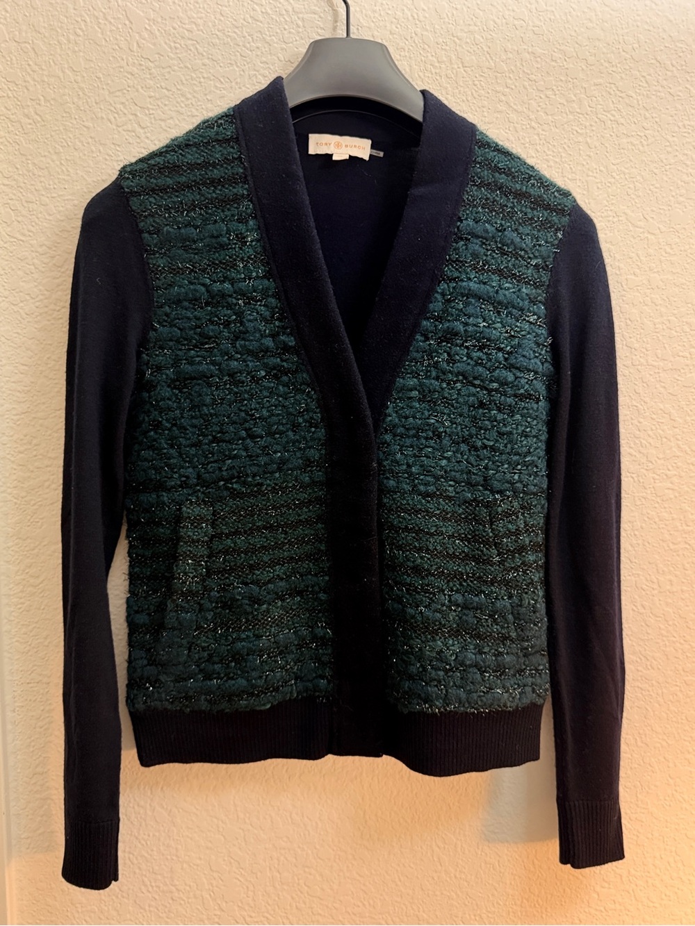 Tory Burch Forest Green Textured Front Cardigan 100% merion wool